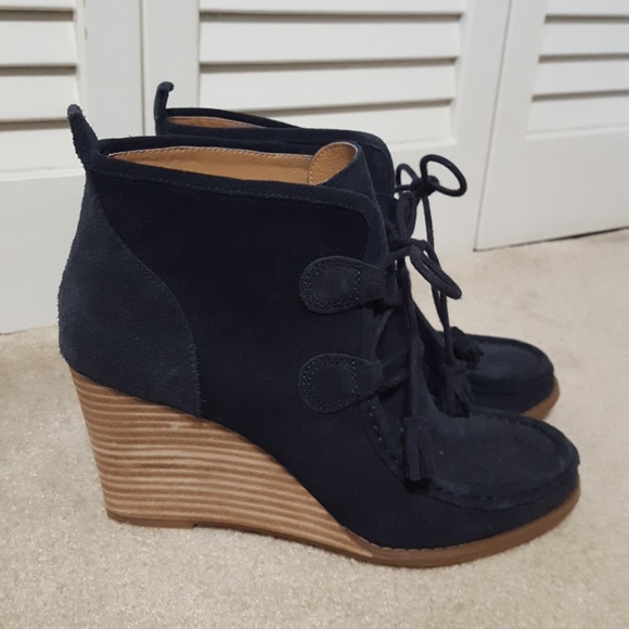 navy wedge booties